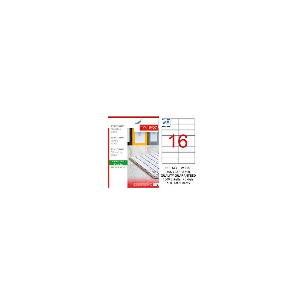 Tanex TW-2105 Yazıcı Etiketi 105 x 37.125 mm 100 Adet - Beyaz
