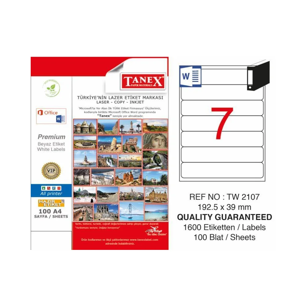 Tanex Tw-2107 Yazıcı Etiketi 192.5 X 39 Mm 1.600 Adet - Beyaz