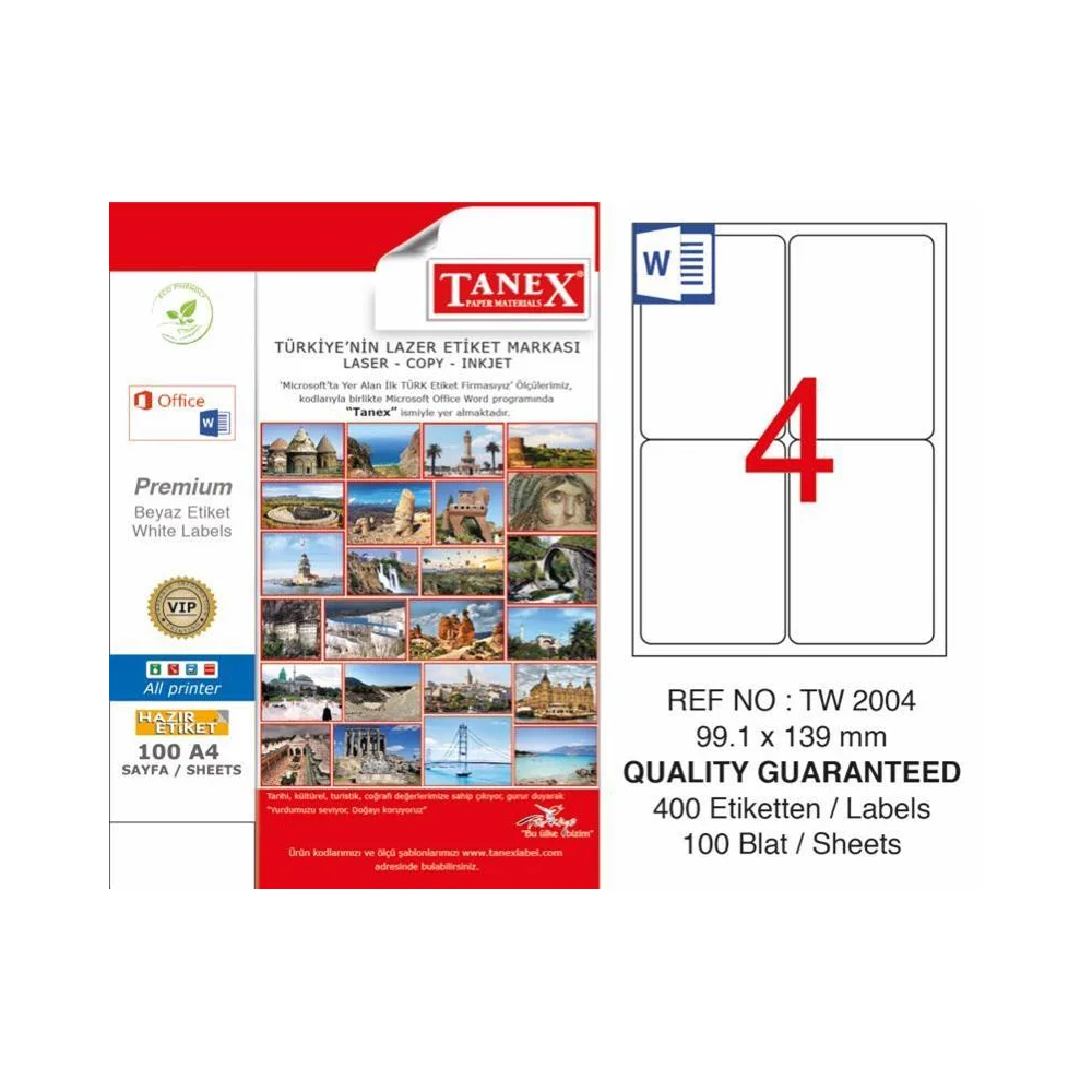 Tanex TW-2004 Yazıcı Etiketi 99.1 x 139 mm 400 Adet - Beyaz