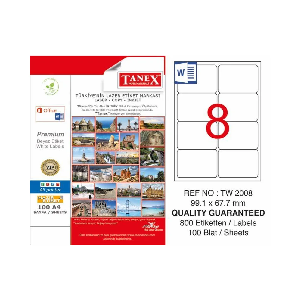 Tanex TW-2008 Yazıcı Etiketi 99 x 67 mm 800 Adet - Beyaz