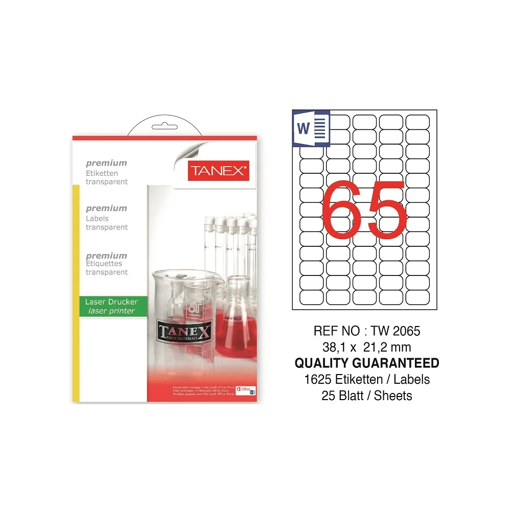 Tanex Tw-2065 Yazıcı Etiketi 38.1x21.2 mm Şeffaf 25 li