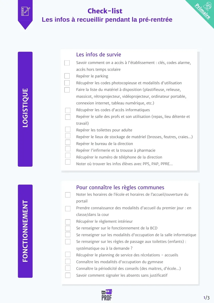 Check-list : les infos à recueillir pendant la pré-rentrée en primaire