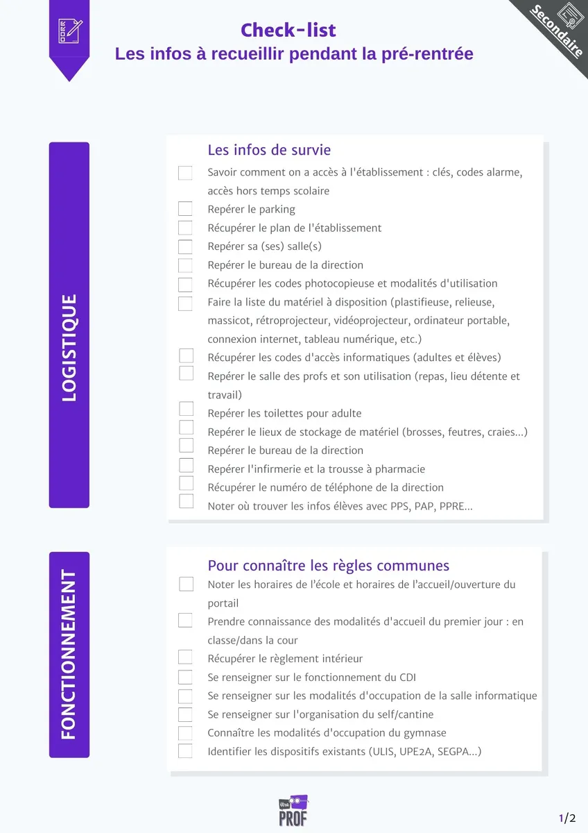 Check-list : les infos à recueillir pendant la pré-rentrée en secondaire