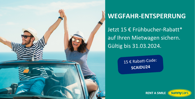 15 € Frühbucher-Rabatt mit sunnycars