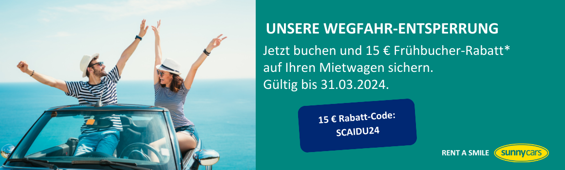 15 € Frühbucher-Rabatt mit sunnycars