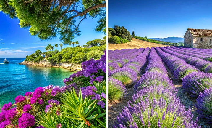 Die paradiesiche Côte d'Azur und Lavendel bis zum Horizont