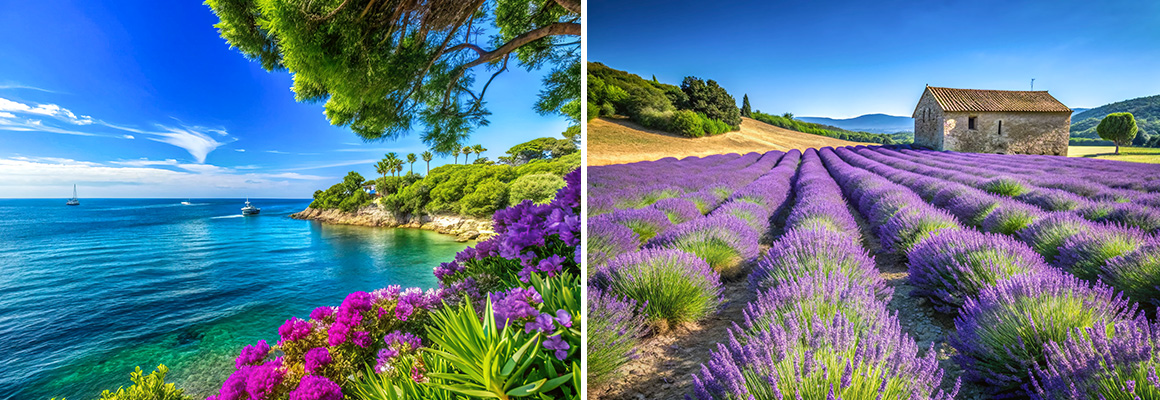 Die paradiesiche Côte d'Azur und Lavendel bis zum Horizont