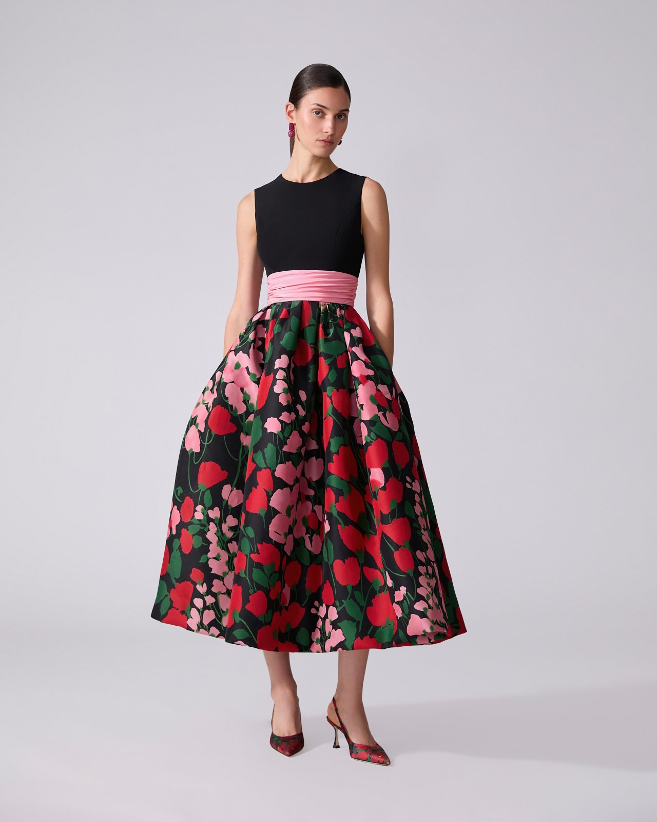 Floral-Print Cummerbund-Waist Dress