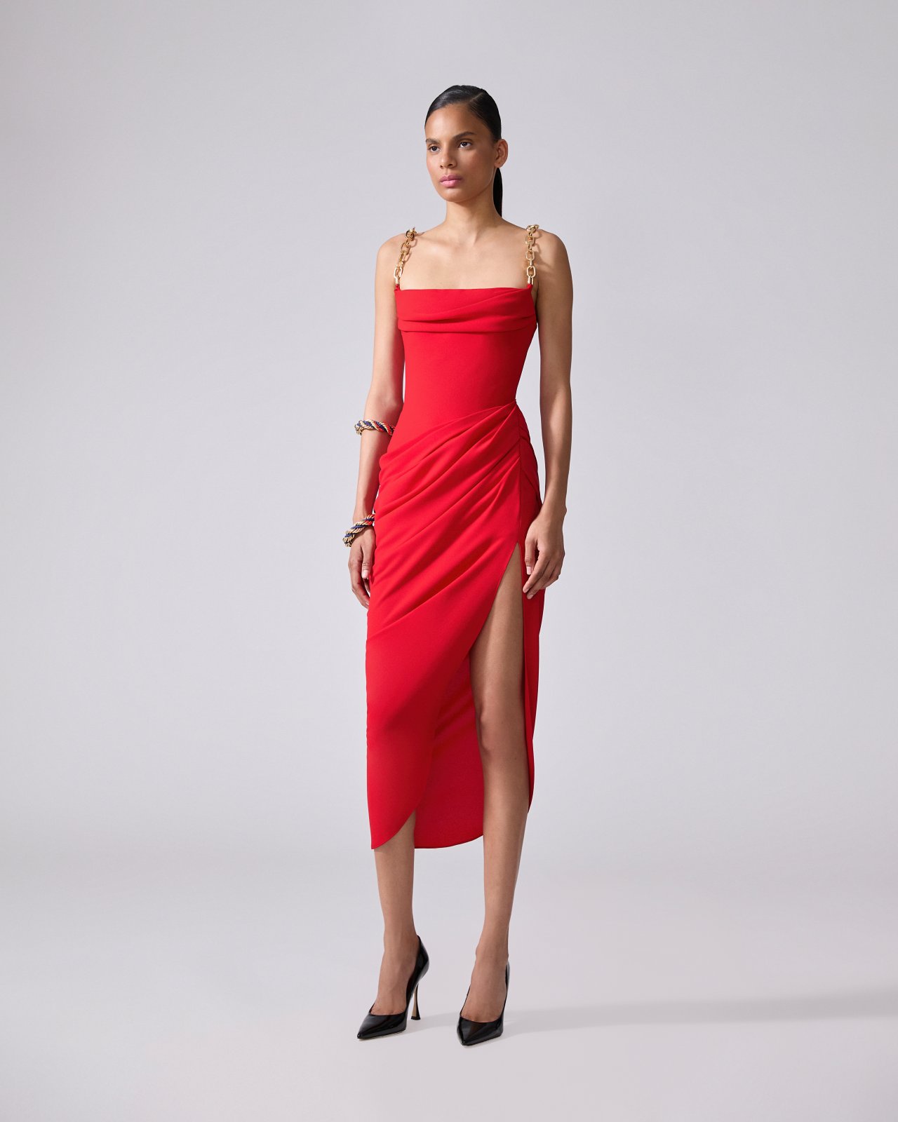 Chain-Strap Draped Midi Dress