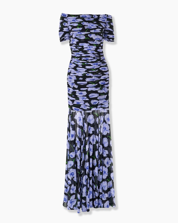 Floral-Print Chiffon Ruched Gown