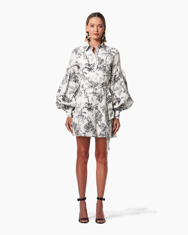 Botanical Toile Puff-Sleeve Shirt Dress
