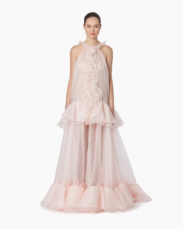Organza Halterneck Gown With Ruffles