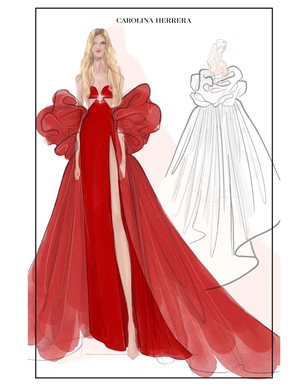 A celebration of Carolina Herrera’s dedication to exemplary craftsmanship, Shakira’s striking look is a collaboration between Wes and the three lead female patternmakers of the atelier.The simplicity of the structured silhouette matched with the grandeur of the cape is a testament to the skill and expertise of the decade-spanning atelier – our very own Garden of Time.