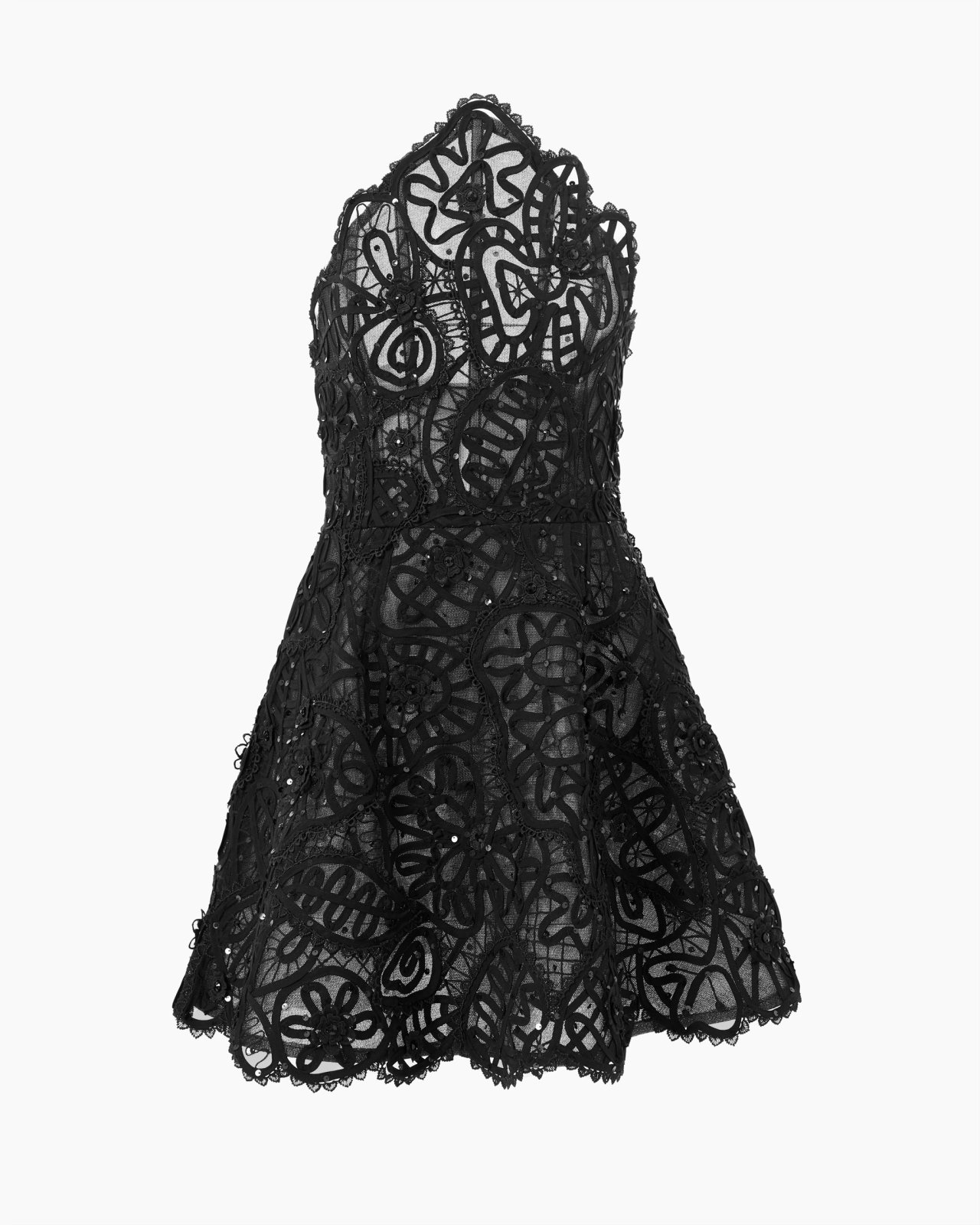 Embroidered Curved Neckline Mini Dress