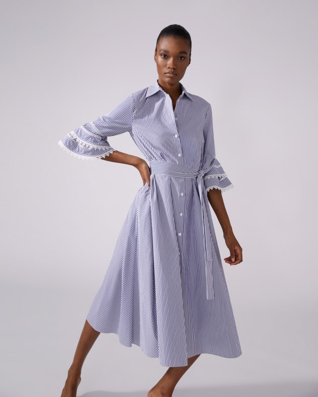 Lace-Trim Striped Shirt Dress