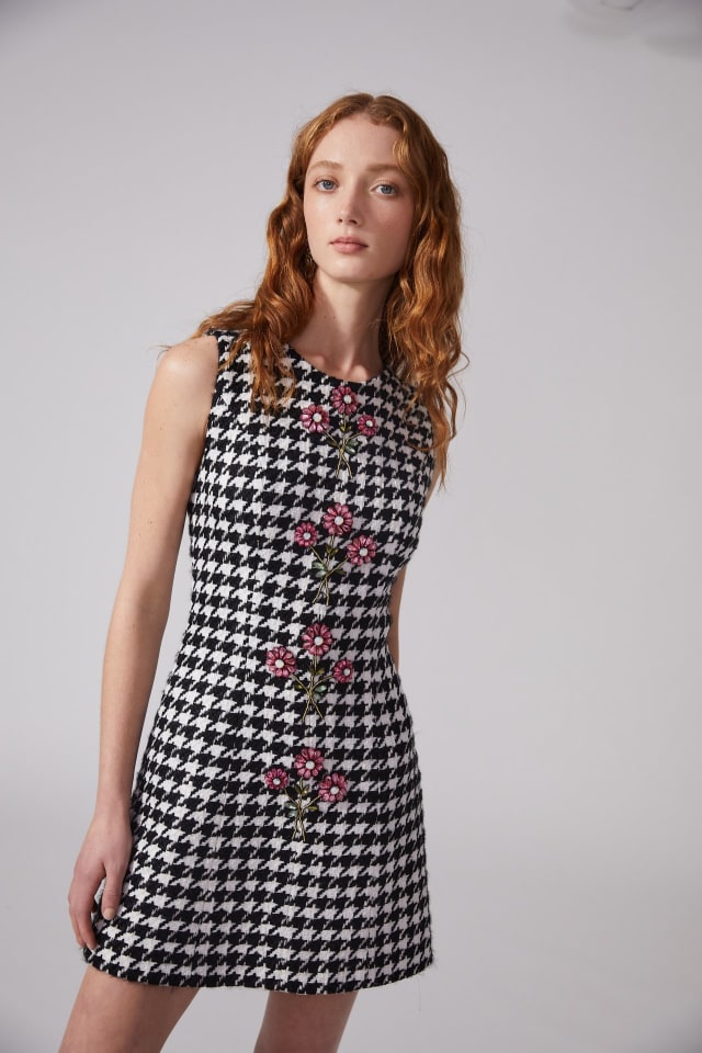Embroidered Houndstooth Mini Dress