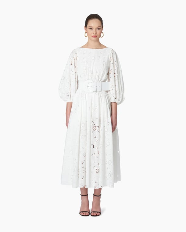 Shirred Eyelet Midi Dress