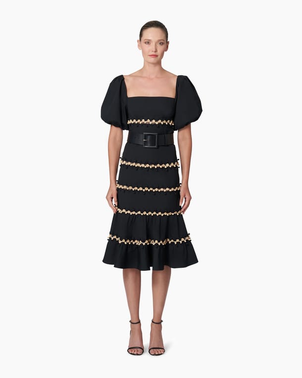 Tiered Puff-Sleeve Midi Dress