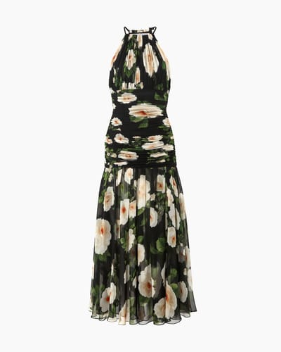 Rose-Print Chiffon Ruched Halterneck Dress