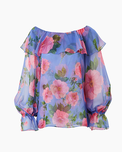 Rose-Print Chiffon Ruffle Neck Top