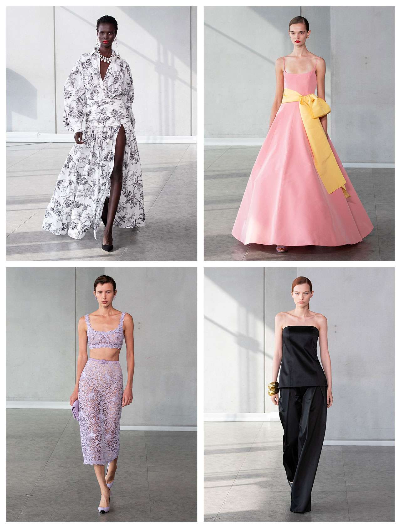 Day dressing achieves a soigné lightness without sacrificing drama or the iconic Herrera flourish. Sheer lace separates and clean-cut dresses in cotton polka dot are the ideal foundation to the summer wardrobe.