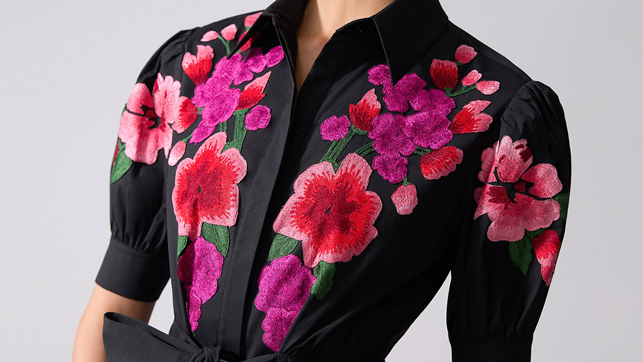 Floral-Embroidered Shirt Dress With Tie