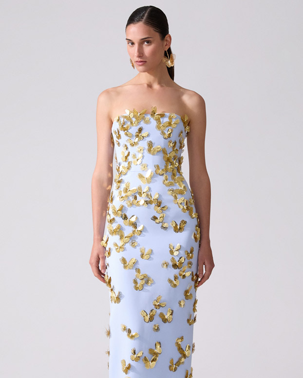 Butterfly-Embellished Strapless Gown