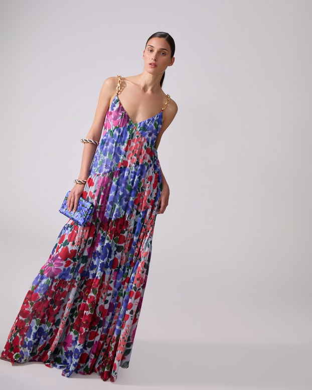 Chain-Strap Jardin-Print Tiered Gown
