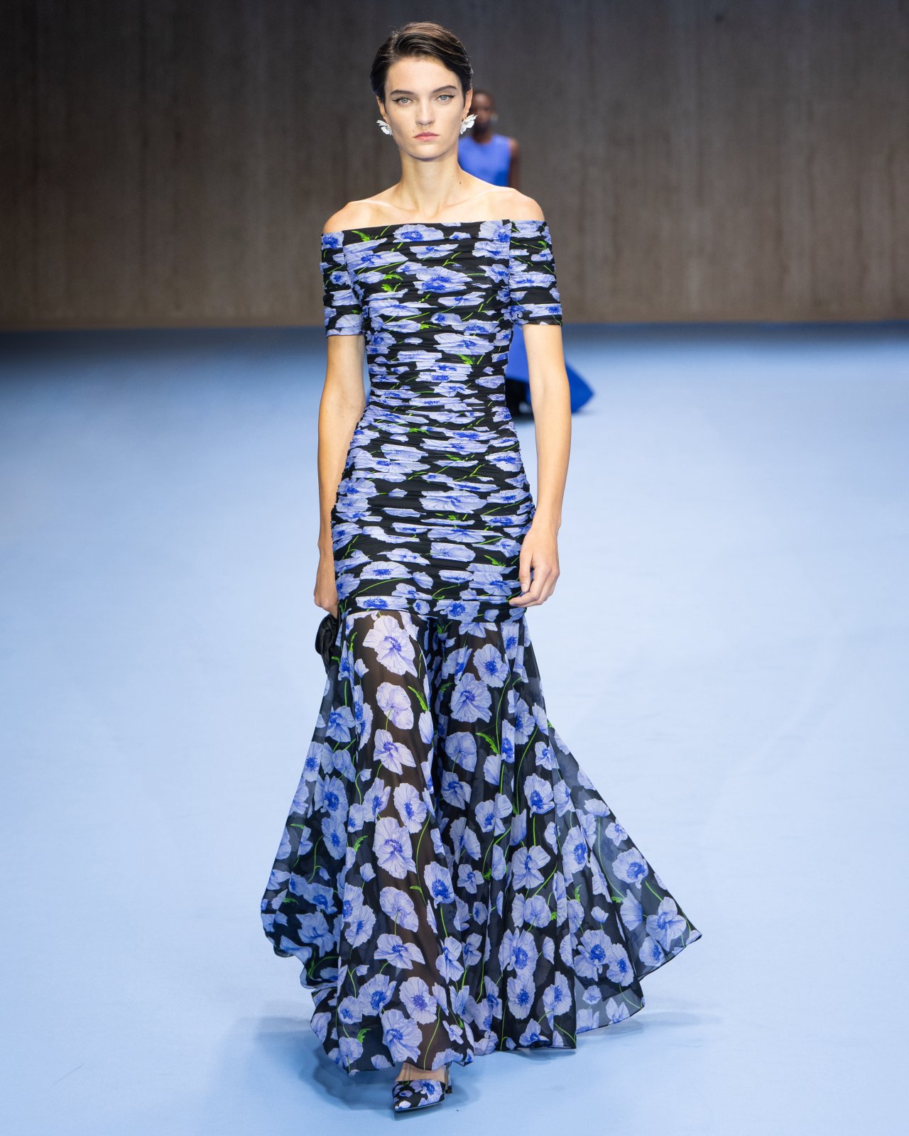 Floral-Print Chiffon Ruched Gown