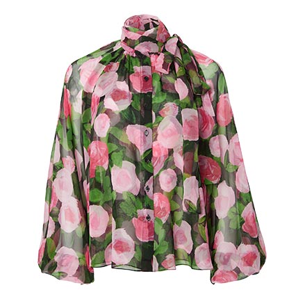 Rose-Print Tie-Neck Blouse