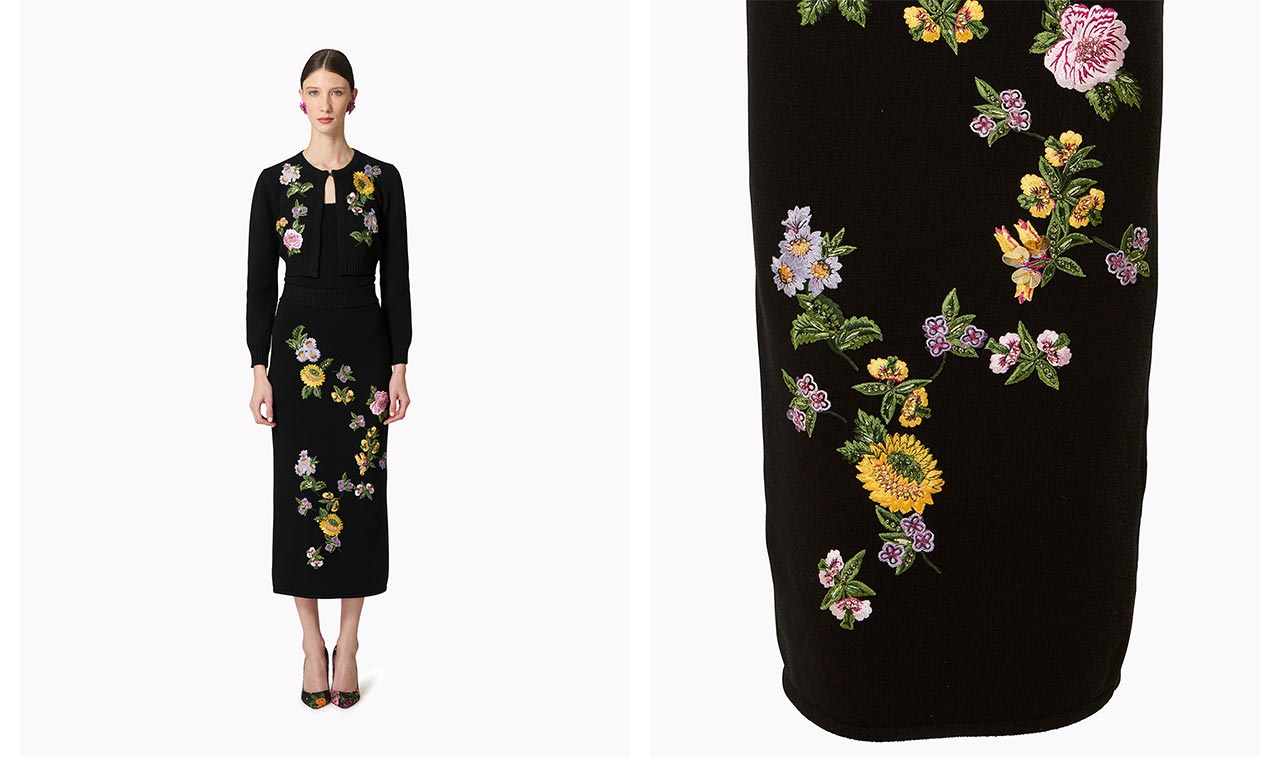 Floral-Embroidered Knit Midi Skirt