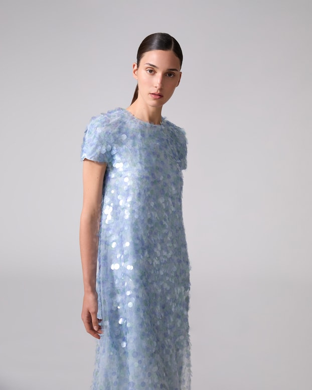 Short-Sleeve Paillette-Embellished Gown