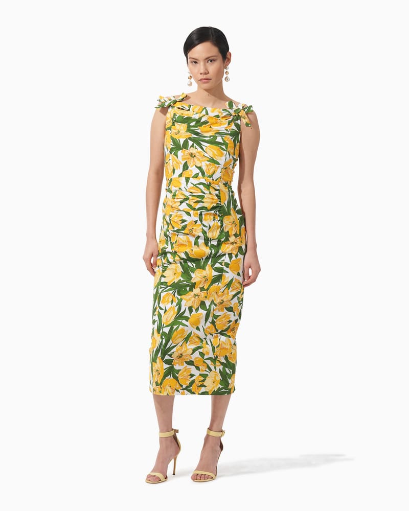 Bow Strap Tulip-Print Midi Dress