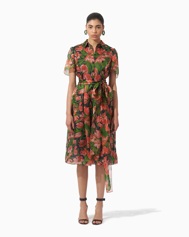 Tulip-Print Organza Shirt Dress