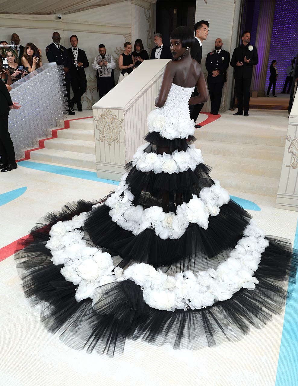 Adut wears a sheer black and white pleated tulle evening gown with hand-embroidered pearls and flowers by Carolina Herrera.