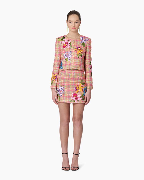 Cropped Floral-Embroidered Tweed Jacket