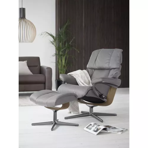 Stressless Relaxsessel ″Reno″ Set, Relaxsessel mit Hocker, mit Hocker, mit Cross Base, Größe S, M & L, Holzakzent Eiche