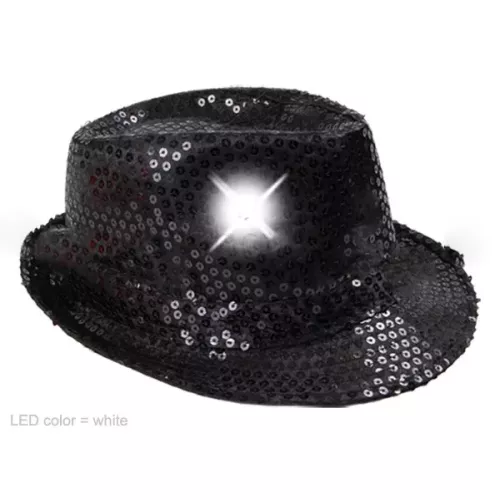 GLITZER GLITTER TRILBY HUT MIT PAILLETTEN + LED Licht - silber blau rot gold schwarz FEDORA (Farbe: grün)