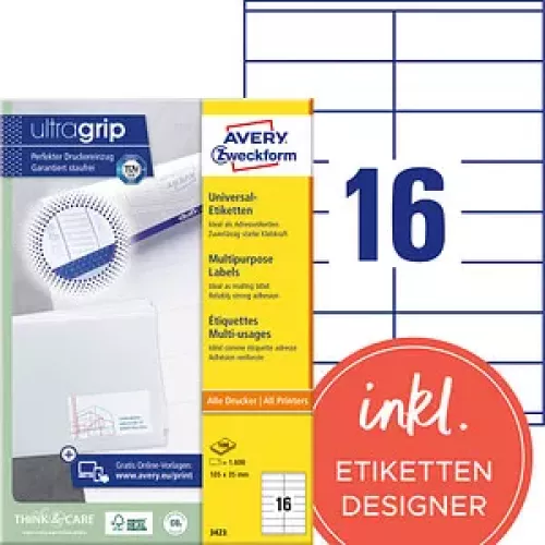 AVERY Zweckform Etiketten 3423 weiß 105,0 x 35,0 mm, 100 Blatt