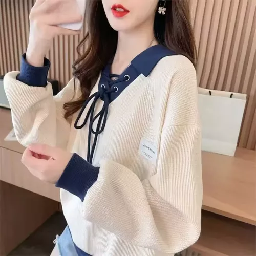 Frühling Sommer Neue Kontrast Schnürung Lose T Shirts Polo Neck Langarm Patchwork Trend Tops Tees Lässige Mode Frauen Kleidung