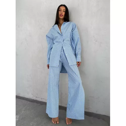 Clacive Mode lose blaue Streifen Baumwolle 2 Stück Sets Frauen Outfit elegantes Langarmhemd mit hoher Taille breite Hose Set