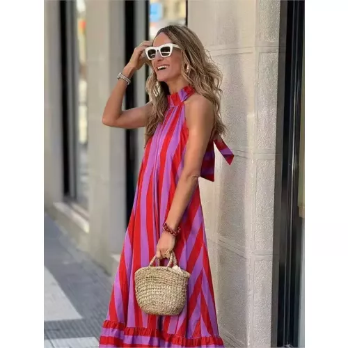 Streifen Druck Neckholder Lange Kleider Frauen Mode Backless Party Leace-up Casual Lose Urlaub Kleid Dame Einfache Vestidos