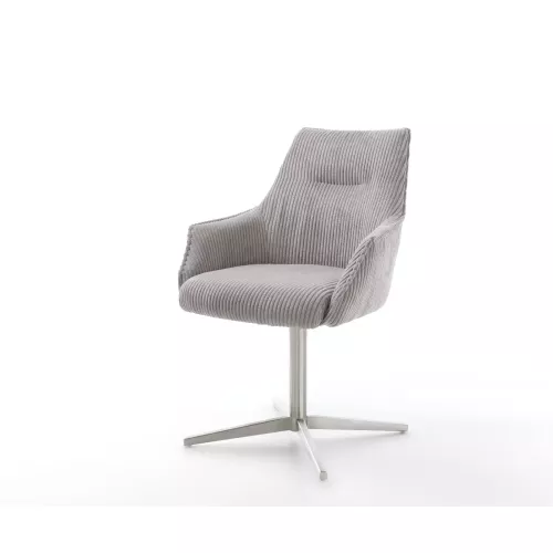 DELIFE Drehstuhl Alja-Flex mit Armlehnen Cord Silbergrau Fußkreuz Edelstahl 360° drehbar Taschenfederkern, Esszimmerstühle