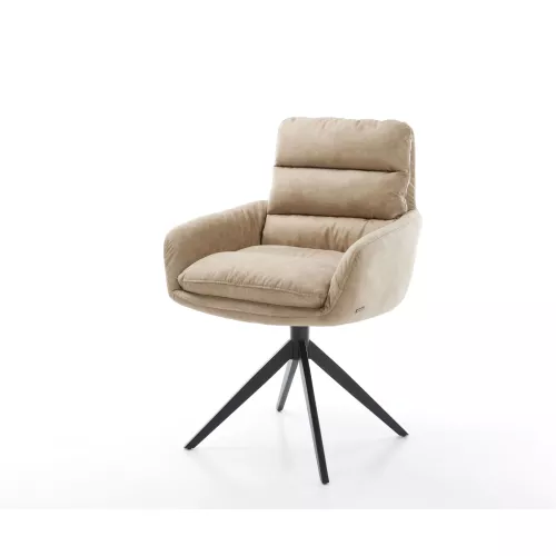 DELIFE Esszimmerstuhl Abelia-Flex mit Armlehnen Mikrofaser Beige Vintage Kreuzgestell breit Schwarz, Esszimmerstühle
