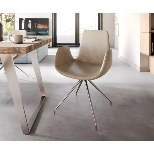 DELIFE Esszimmerstuhl Ilia-Flex mit Armlehnen Mikrofaser Beige Vintage Kreuzgestell konisch Edelstahl, Esszimmerstühle