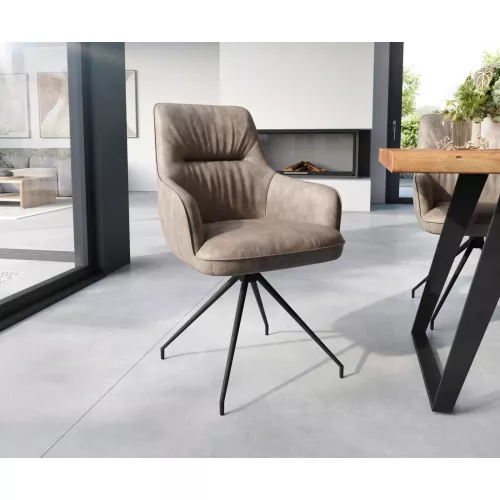 DELIFE Esszimmerstuhl Zelia-Flex mit Armlehnen Mikrofaser Taupe Vintage Kreuzgestell konisch Schwarz Taschenfederkern, Esszimmerstühle