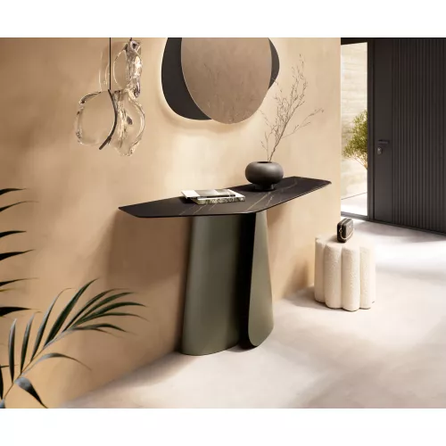 DELIFE Konsolentisch Edge Polygonal 140x50 cm Keramik Laminam® Noir Desir Braun Livos Metall Effektfinish Titan, Konsolentische