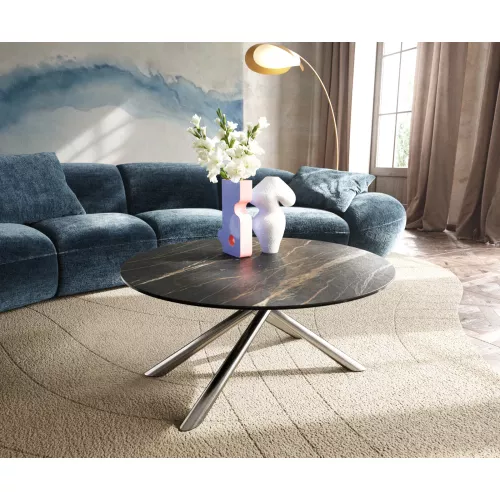 DELIFE Couchtisch Edge Rund 90x90 cm Keramik Laminam® Noir Desir Braun Sarity Edelstahl gebürstet, Couchtische