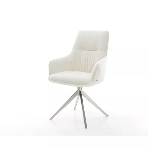 DELIFE Drehstuhl Zelia-Flex mit Armlehnen Bouclé Soft Beige Kreuzgestell breit Edelstahl 360° drehbar Wippfunktion Taschenfederkern, Esszimmerstühle