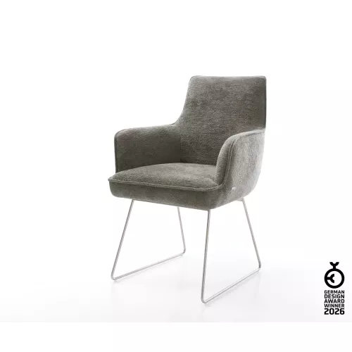 DELIFE Esszimmerstuhl Heira-Flex mit Armlehnen Bouclé Soft Schlamm Kufengestell Edelstahl Taschenfederkern, Esszimmerstühle